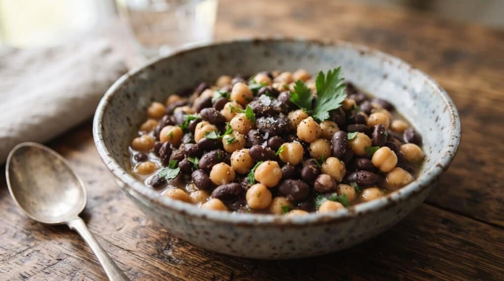 Mixed bean salad with parsley in a rustic bowl on wooden table.