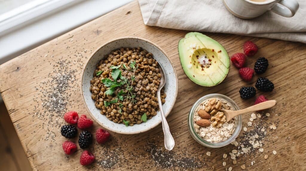 Nutritious lentil breakfast bowl with avocado and berries for a healthy start.